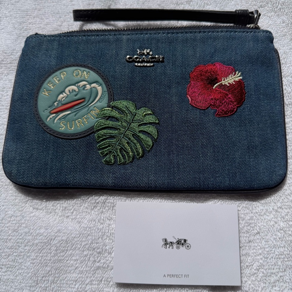 Coach Rare Denim Wristlet with Tropical Patch Accents - Blue - Picture 5 of 9